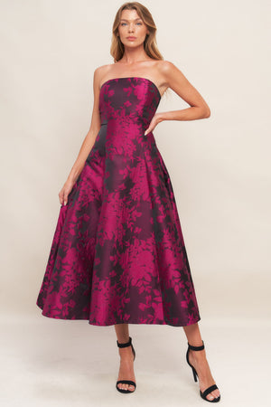 BLACK ROSE AFFAIR WOVEN JACQUARD MIDI DRESS