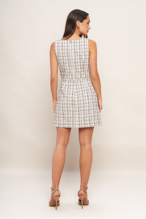 GOLDEN GRID LUXE TWEED MINI DRESS