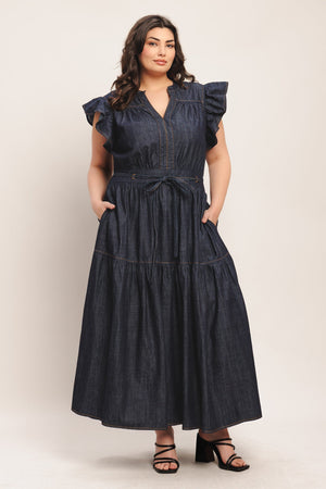 POWER DENIM GODDESS DARK INDIGO MIDI DRESS