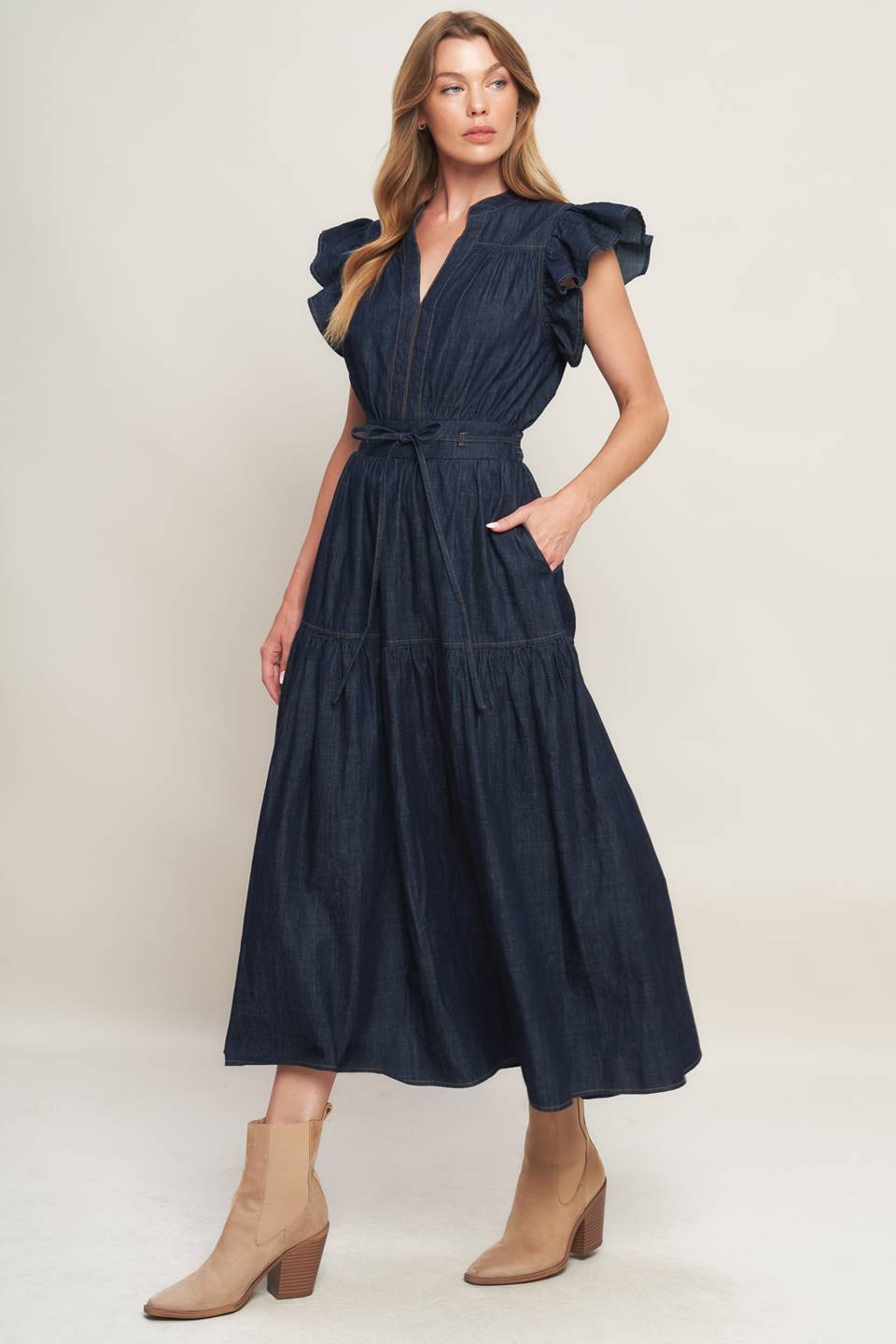 POWER DENIM GODDESS DARK INDIGO MIDI DRESS