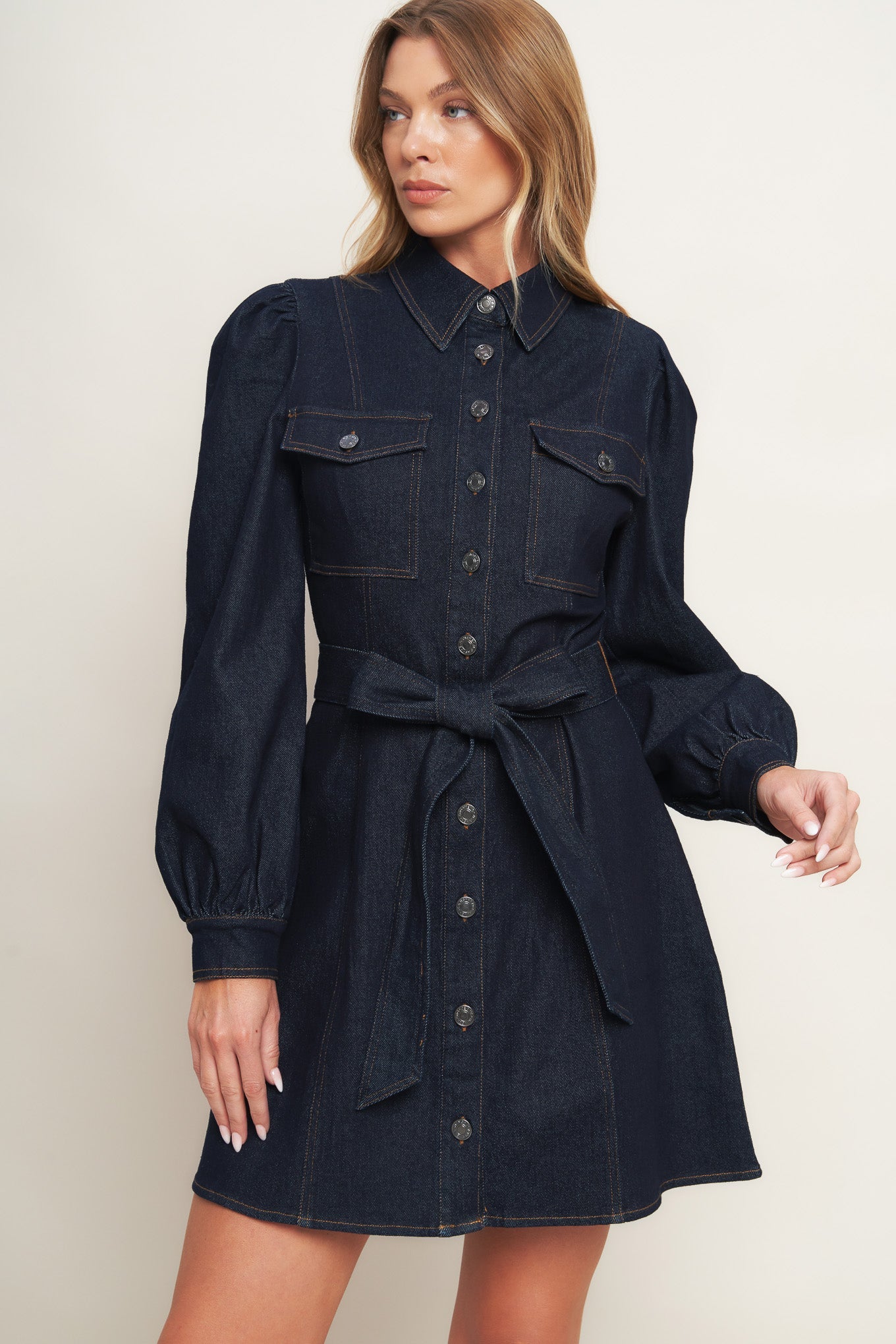 HOLIDAY DARK INDIGO DENIM MINI DRESS