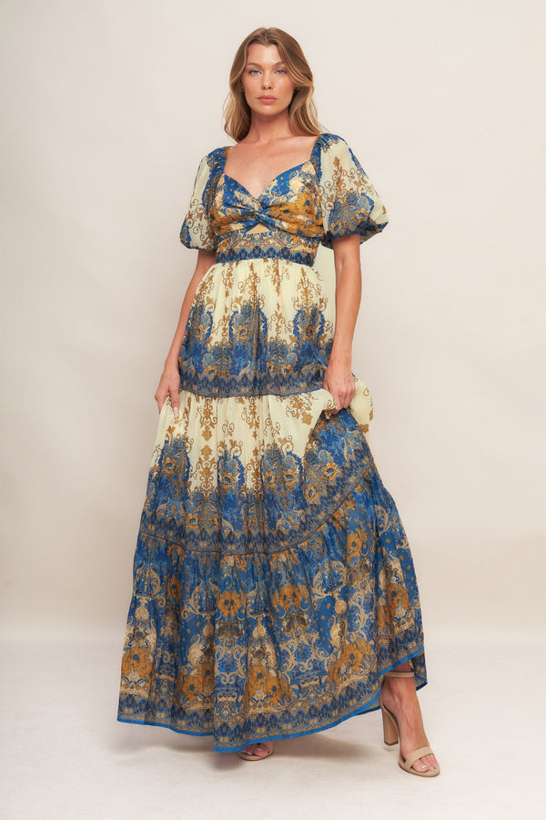 serenade knit maxi dress MIDNIGHT EMPIRE WOVEN l Flying Tomato IVORY NAVY / S 241213 76 cm / 29.92 Provincial Russia. Russian Costume Size:M / 6-8