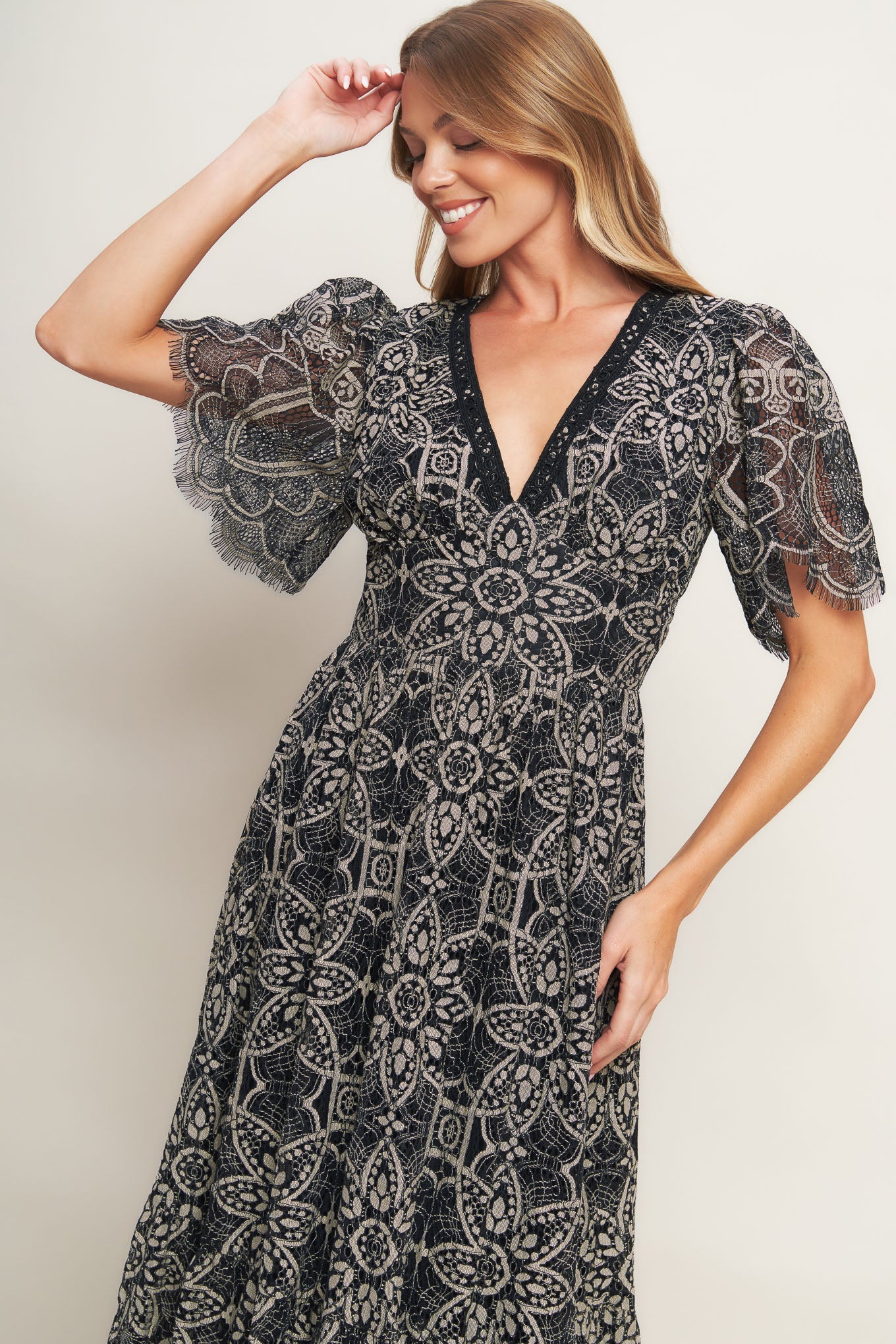 Gothic Bloom Woven Lace Midi Dress Black / 2X