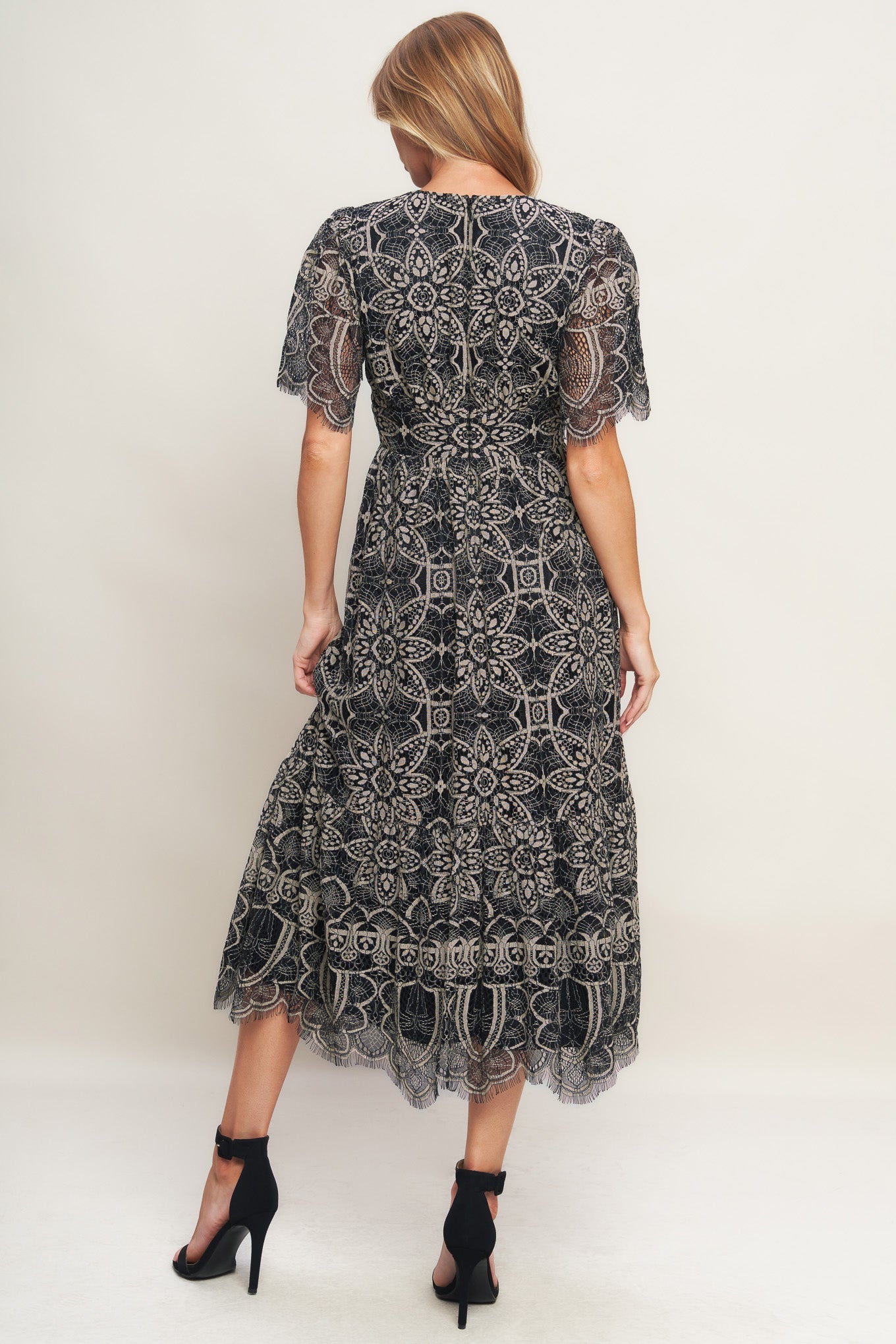 knee length dresses for ladies Gothic Bloom Woven Lace Midi Dress Black / 2X