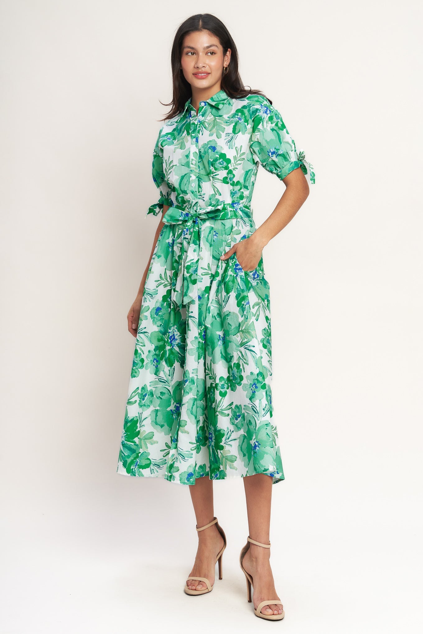 SIMPLY IN BLOOM WOVEN MIDI SHIRT DRESS