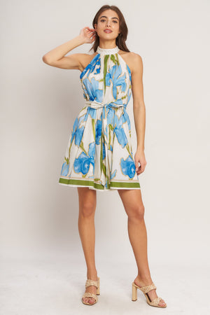 Azure Bloom Halter Woven Mini Dress