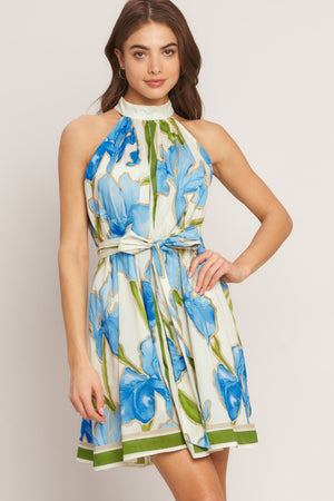 Azure Bloom Halter Woven Mini Dress