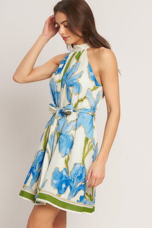 Azure Bloom Halter Woven Mini Dress