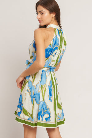 Azure Bloom Halter Woven Mini Dress