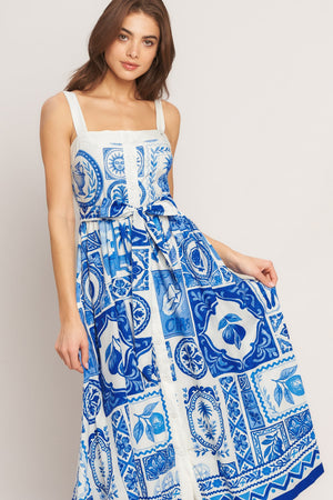 BLUE MAJOLICA CHARM WOVEN MIDI DRESS