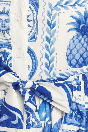 BLUE MAJOLICA CHARM WOVEN MIDI DRESS