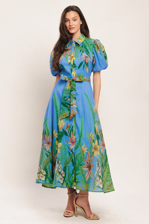 Palm Serenade Blue Woven Midi Dress