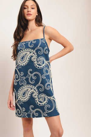 SEA BREEZE PAISLEY DENIM MINI DRESS