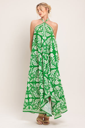 Emerald Bloom Woven Midi Scarf Dress