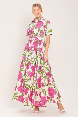Blooming Rose Woven Maxi Shirt Dress