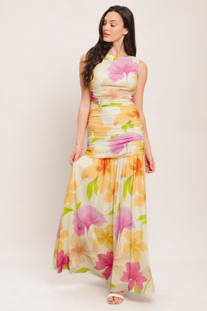 WARM BREEZE BLOOMS POWER MESH MAXI DRESS