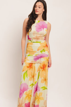 WARM BREEZE BLOOMS POWER MESH MAXI DRESS