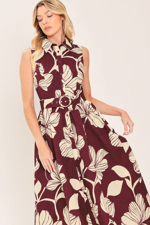 CLARET FLORAL DAY WOVEN MIDI DRESS