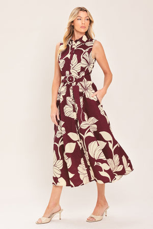 CLARET FLORAL DAY WOVEN MIDI DRESS