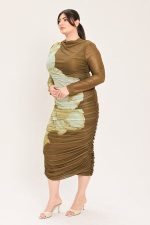 BROWN BLOSSOM CONTOUR POWER MESH MIDI DRESS