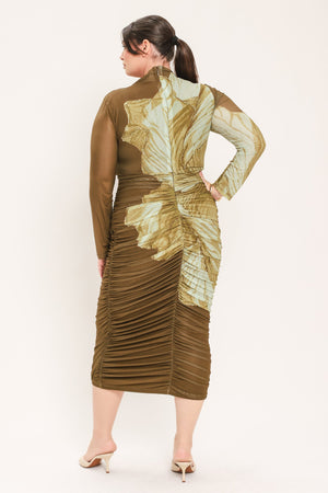 BROWN BLOSSOM CONTOUR POWER MESH MIDI DRESS