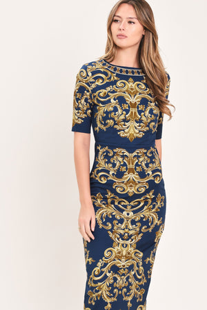 NOBLE GOLDEN FLOURISH WOVEN MIDI DRESS