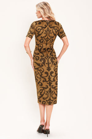 COGNAC SCROLL SILHOUETTE FAUX SUEDE MIDI DRESS