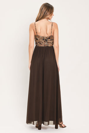 AUTUMN ARABESQUE KISS POWER MESH MAXI DRESS