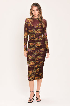 RUSSET FLORAL ELEGANCE POWER MESH MIDI DRESS