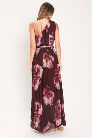 CRIMSON AFFAIR BURGUNDY PLEATED ONE-SHOULDER MAXI DRESS