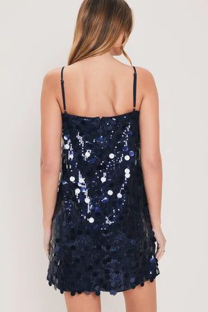 STARRY NAVY SEQUIN SHIFT MINI DRESS