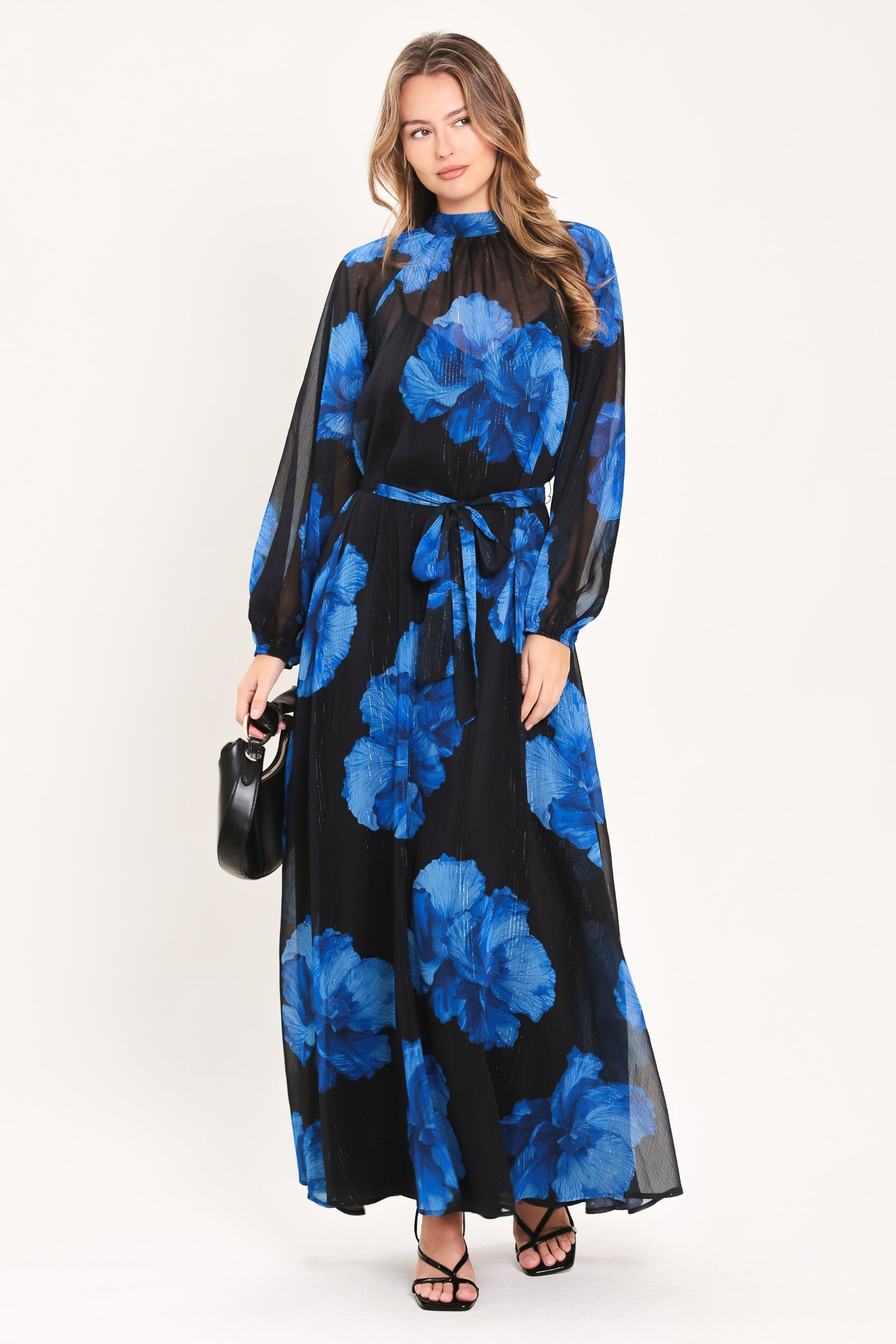 COBALT PETALS IN SHADOW WOVEN MAXI DRESS BLACK/BLUE / S