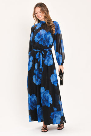 COBALT PETALS IN SHADOW WOVEN MAXI DRESS