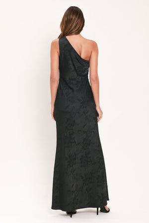 NOCTURNAL ROSE GLOW JACQUARD WOVEN SATIN MAXI DRESS