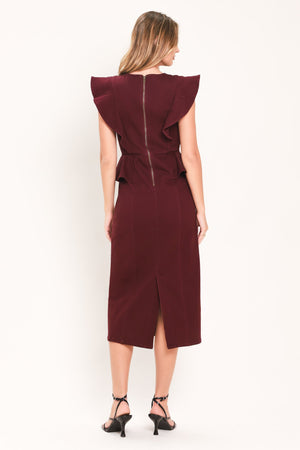 BURGUNDY RUFFLE REVERENCE WOVEN MIDI DRESS