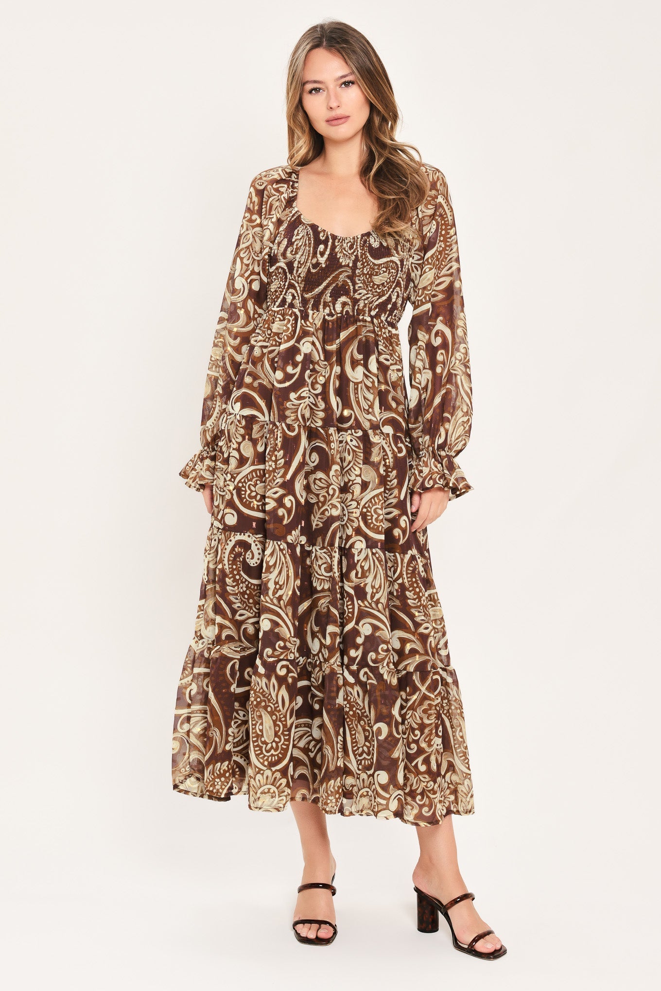 CEDAR SWIRL SONATA WOVEN MIDI DRESS COFFEE / S
