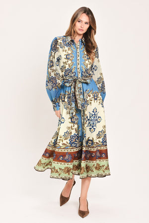 SKYBORNE ORNAMENTAL GRACE WOVEN MIDI SHIRT DRESS