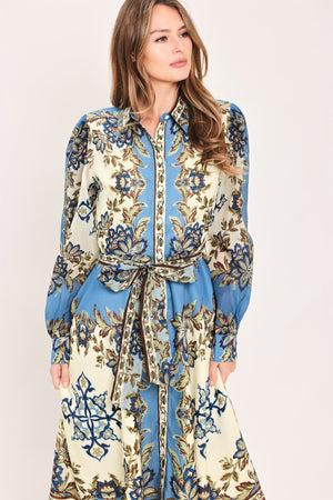 SKYBORNE ORNAMENTAL GRACE WOVEN MIDI SHIRT DRESS