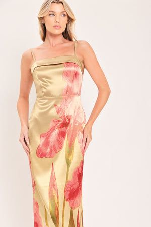 ROSÉ GARDEN GLEAM WOVEN COLUMN MAXI DRESS