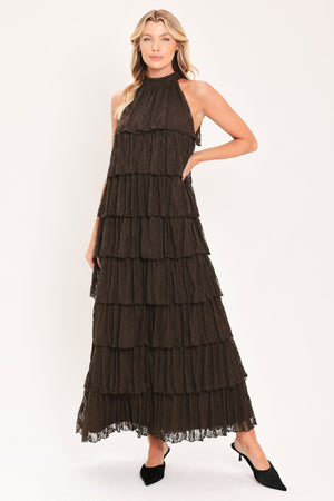 DEEP BROWN LACE DRIFT HALTER WOVEN MAXI DRESS