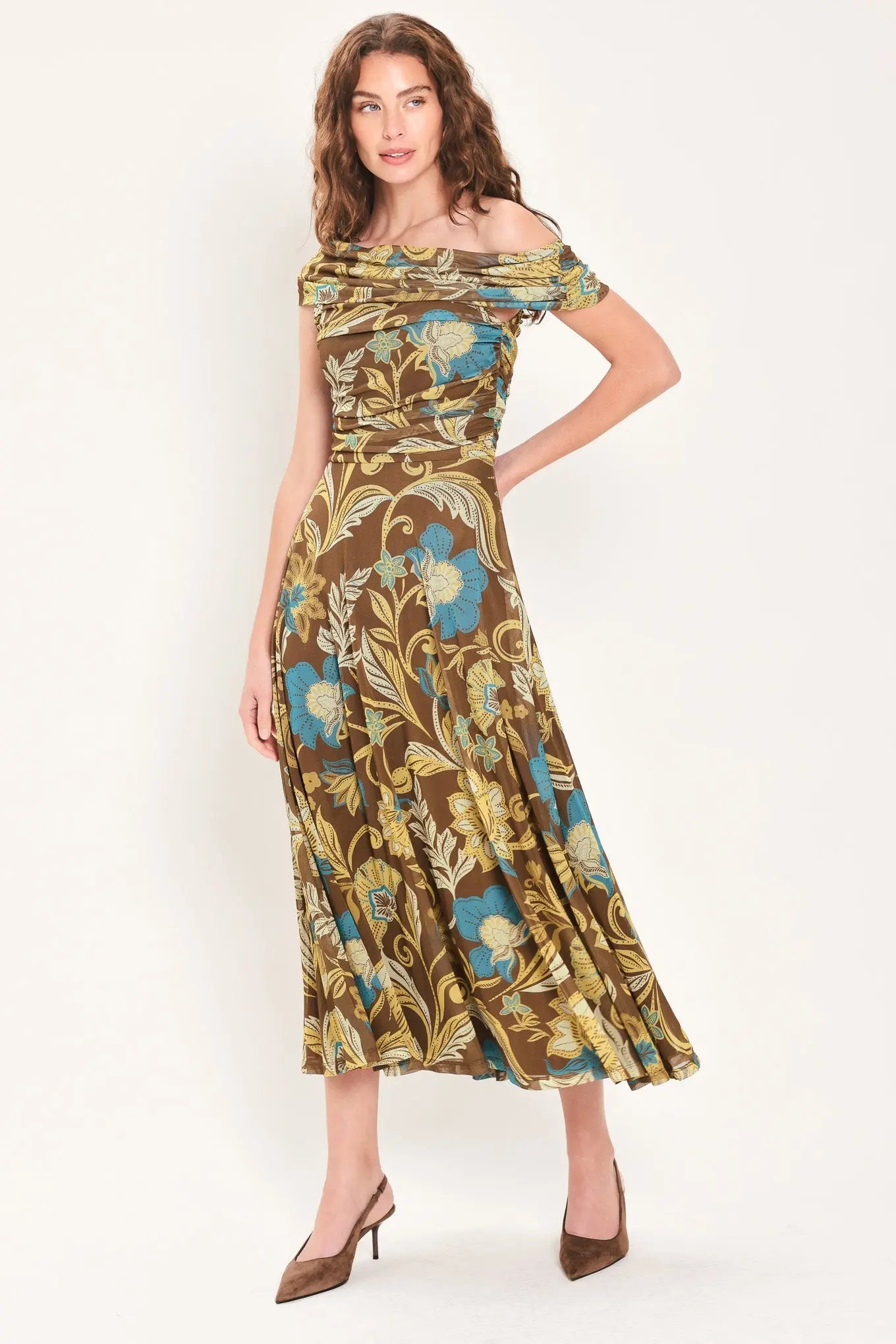 TEAL TEMPTATION BROWN/TEAL DRAPED ONE-SHOULDER MESH MIDI DRESS