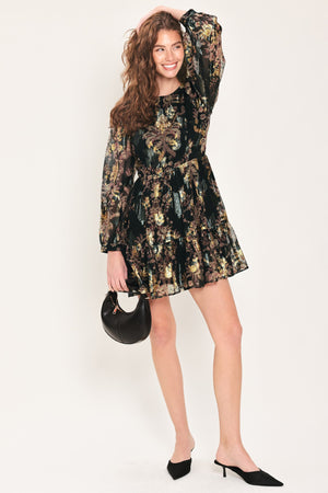 MIDNIGHT FLIRT BLACK PRINTED RUFFLE-HEM MINI DRESS