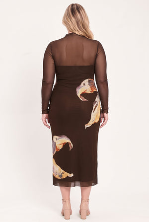 MOCHA MYSTIQUE DARK BROWN PRINTED MESH MIDI DRESS
