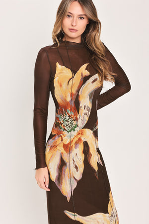 MOCHA MYSTIQUE DARK BROWN PRINTED MESH MIDI DRESS