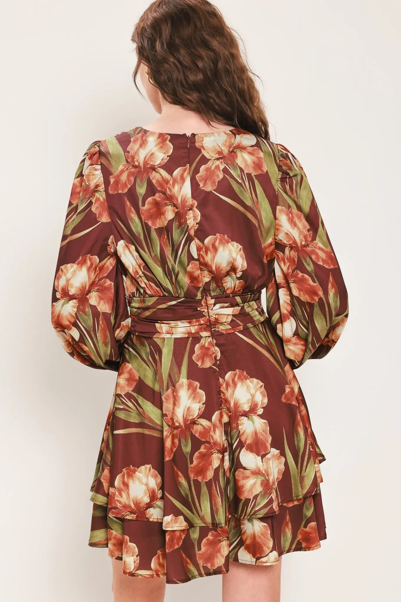 BURGUNDY CRUSH PRINTED RUCHED-WAIST TIERED MINI DRESS