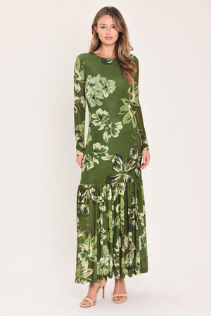 ENCHANTED GROVE MOSS GREEN PRINTED MESH ANKLE DRESS