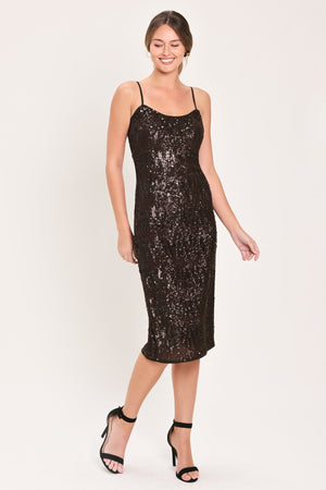 BRONZE AFTERGLOW BROWN SEQUIN SLIP MIDI DRESS