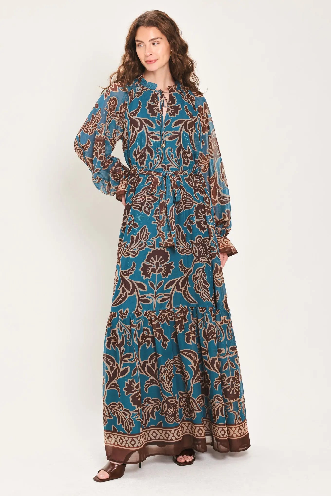 TEAL ESCAPE PRINTED RUFFLE-NECK BELTED MAXI DRESS