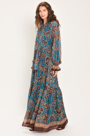 TEAL ESCAPE PRINTED RUFFLE-NECK BELTED MAXI DRESS