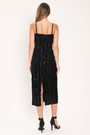 VELVET OBSESSION BLACK SEQUIN SWEETHEART MIDI DRESS